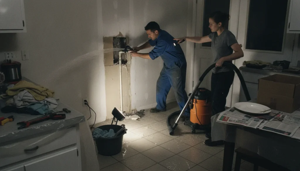 Plumber fixing a burst pipe in a clean, modern workspace, emergency repair by Clayton NC Plumber in Clayton