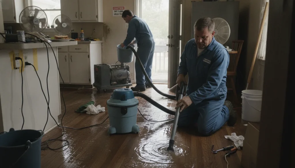 Use a wet/dry vac for smaller water cleanups; larger floods need a pump. Keep power cords and outlets dry for safety.
