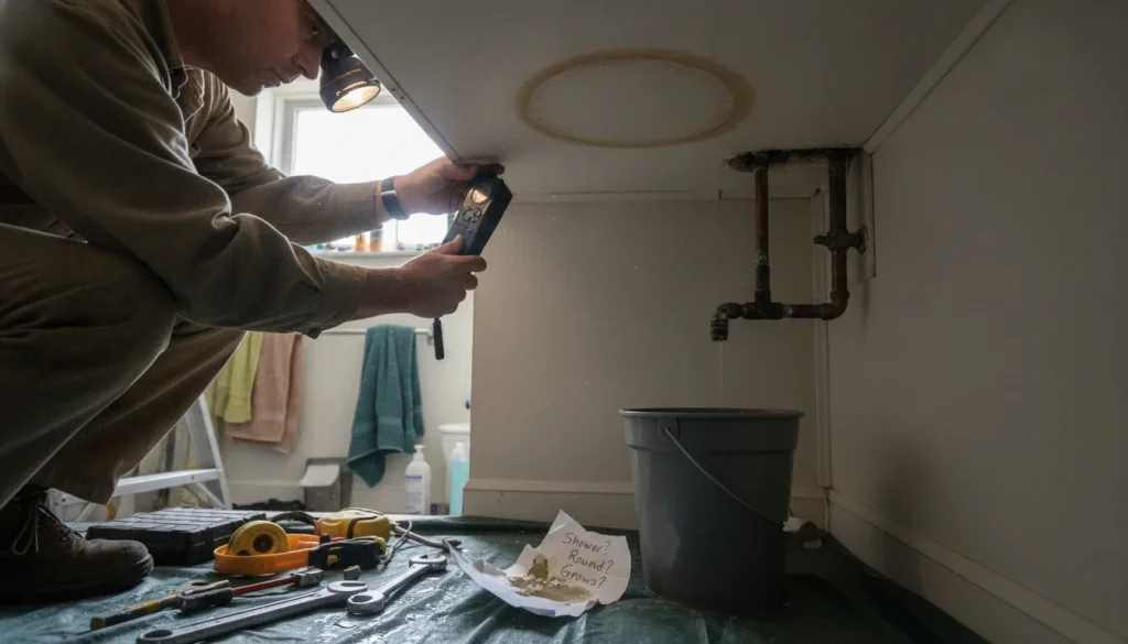 Round ceiling stains near bathrooms and soft floors can reveal hidden water leaks in Clayton homes