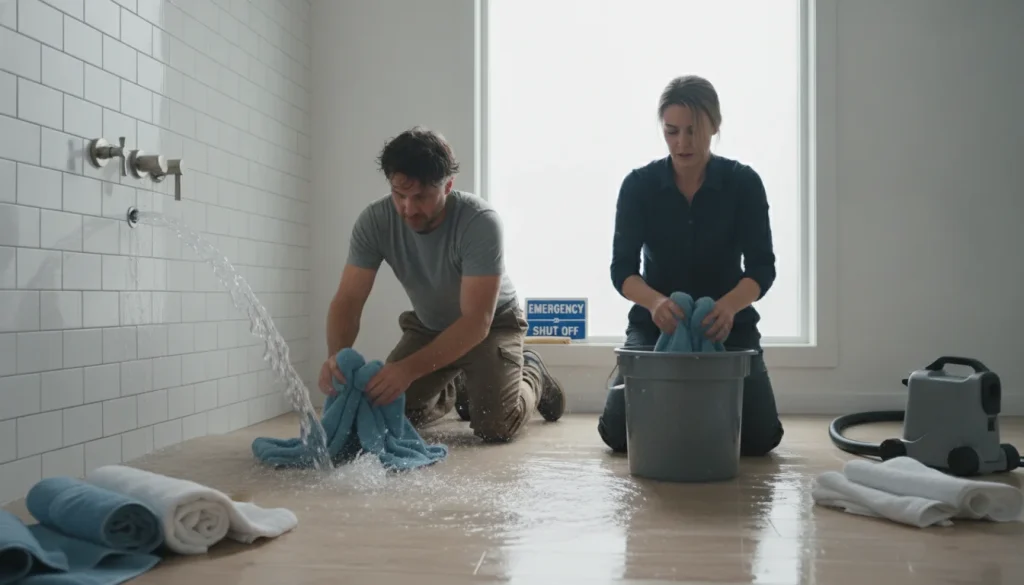 Burst bathroom pipe flooding floor as people mop - Clayton NC Plumber in Clayton